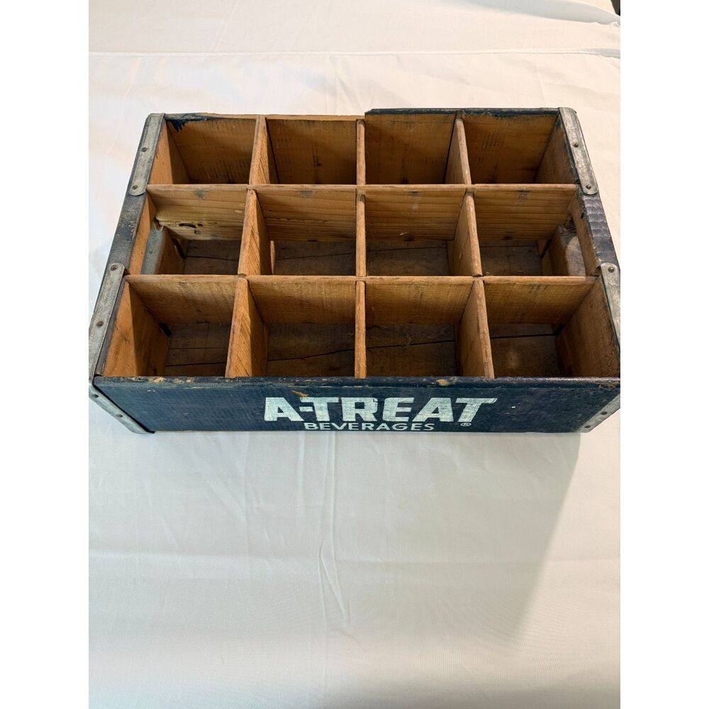 Vintage A-Treat Beverages Wooden Soda Crate 12 Bottle Carrier Advertising Box - Picture 6 of 7